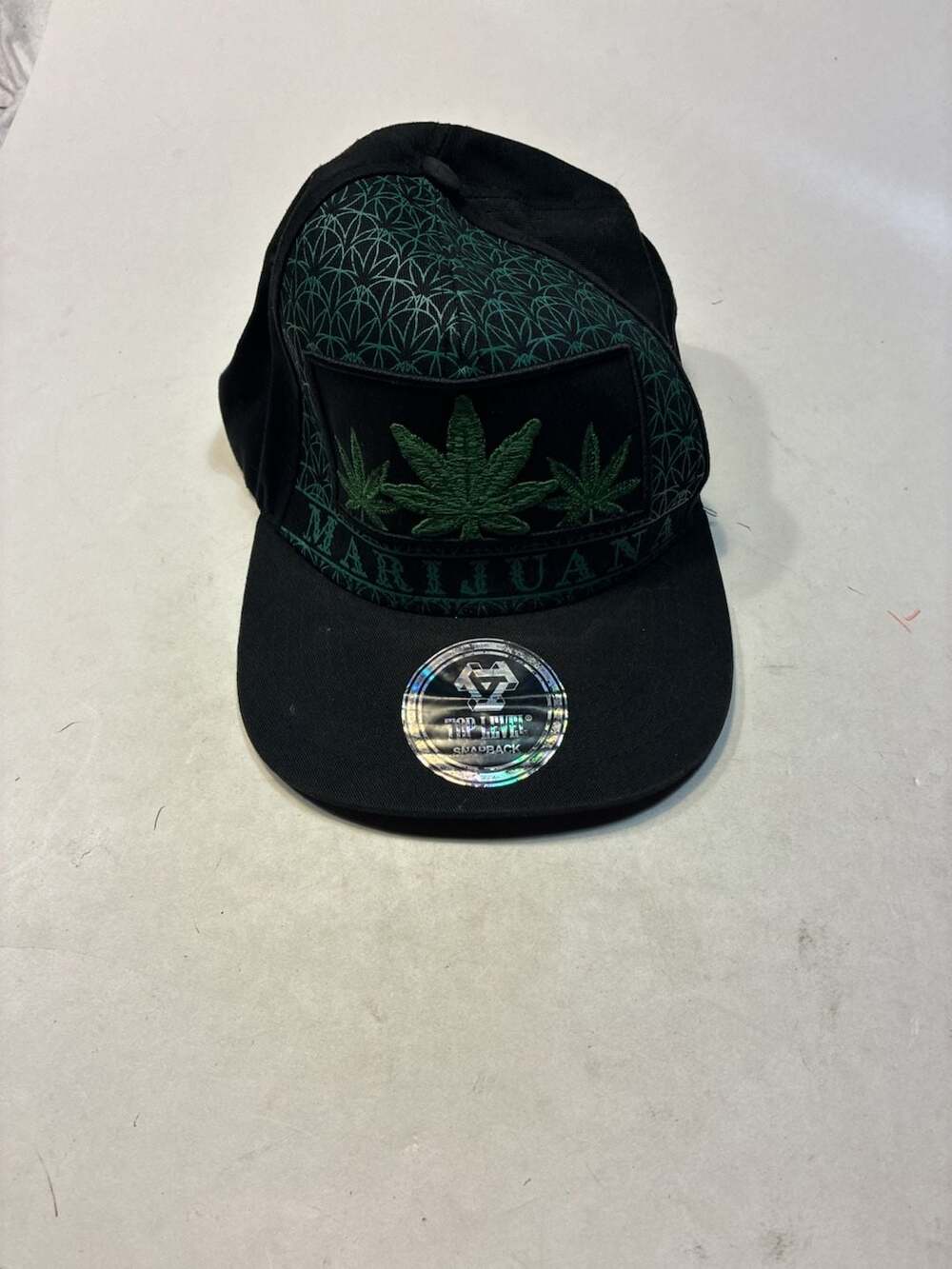 Top Level Marijuana Leaf Green and Black Snapback Hat Cap